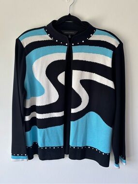 Ming Wang Knit Abstract Cardigan Sweater Black Blue White Eclectic Art-core